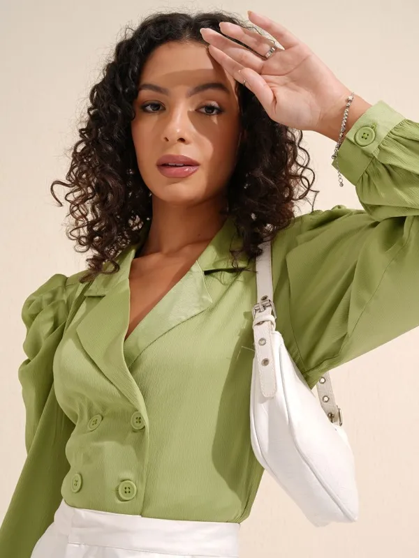 Tokyo Talkies Women Green Solid Wrap Blazer Top