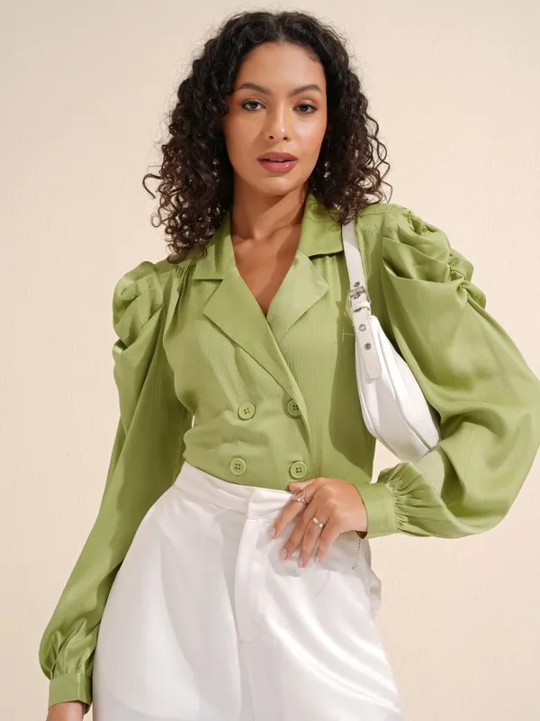 Tokyo Talkies Women Green Solid Wrap Blazer Top