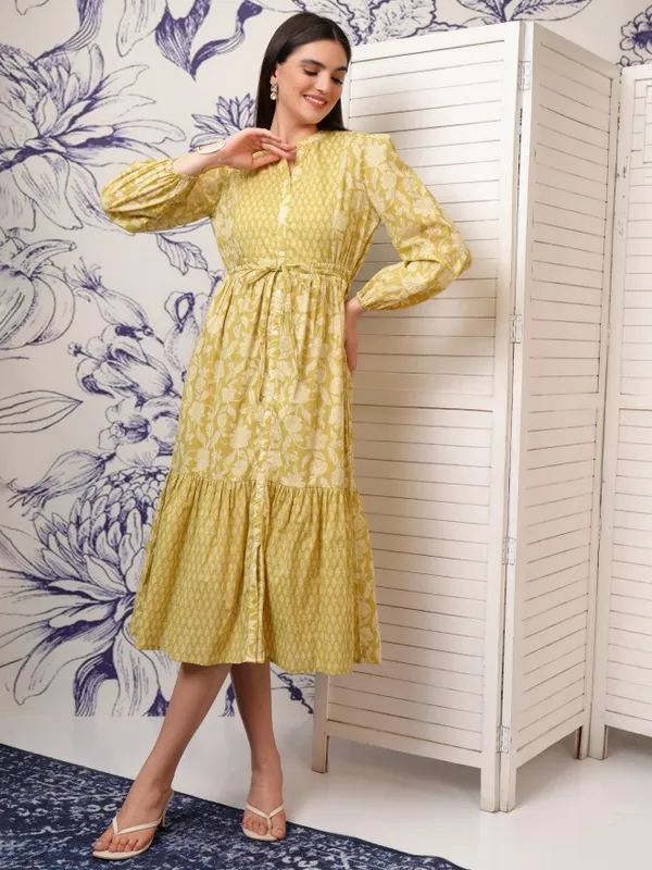 Vishudh Women Olive Printed Fit and Flare Dress