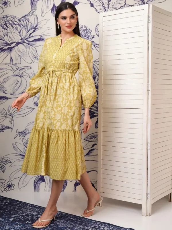 Vishudh Women Olive Printed Fit and Flare Dress