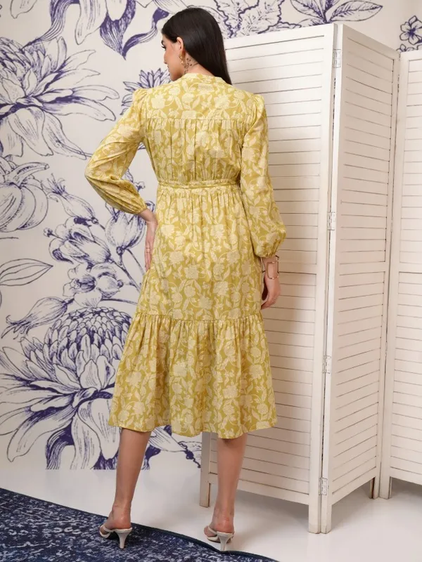 Vishudh Women Olive Printed Fit and Flare Dress
