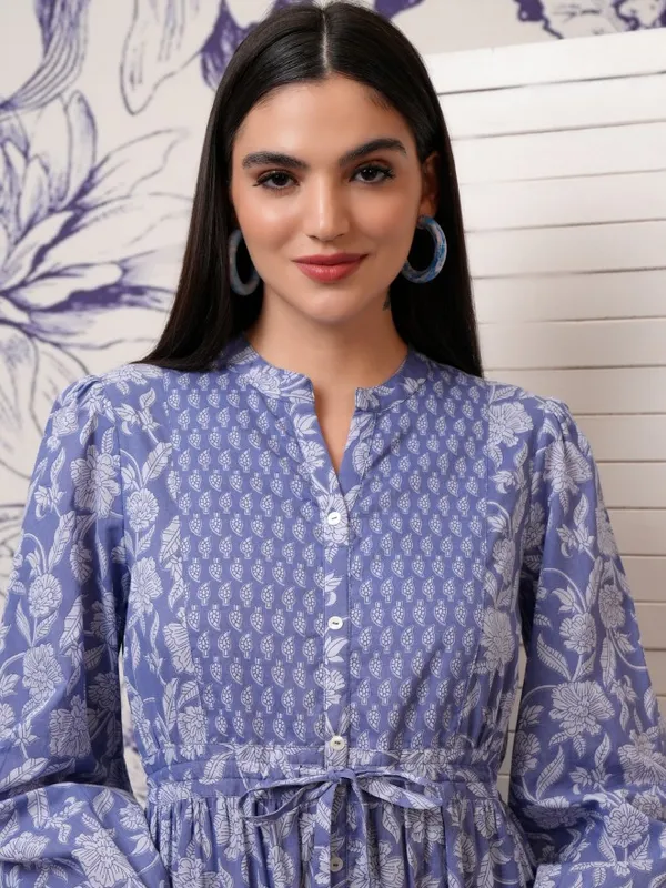 Vishudh Women Blue Printed Fit and Flare Dress