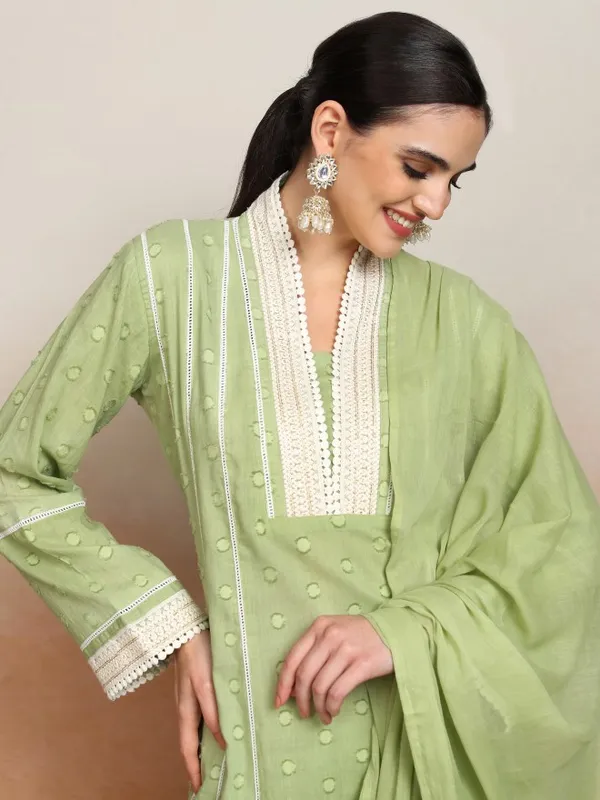 Vishudh Women Green Embroidered Kurta With Trousers And Dupatta