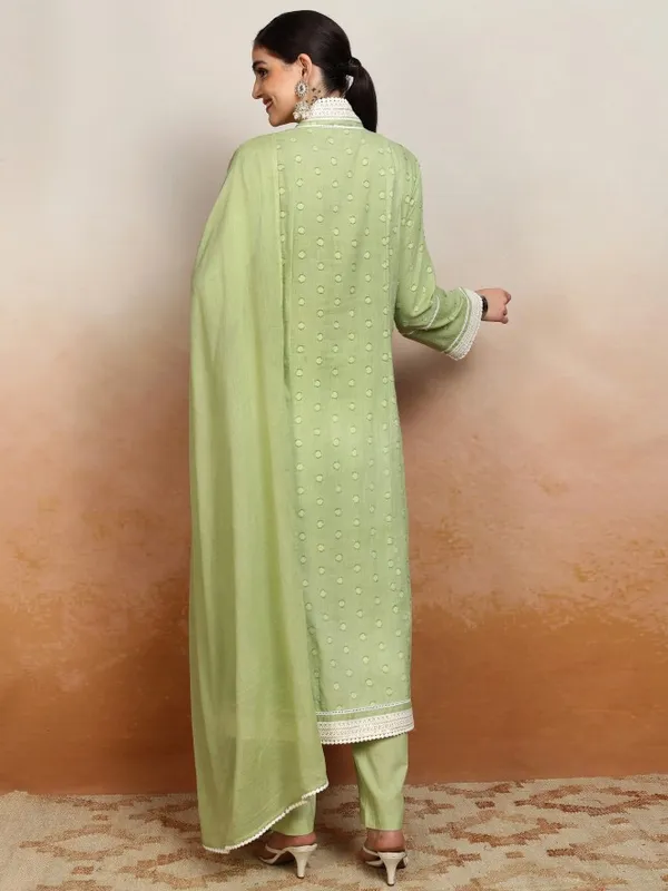 Vishudh Women Green Embroidered Kurta With Trousers And Dupatta