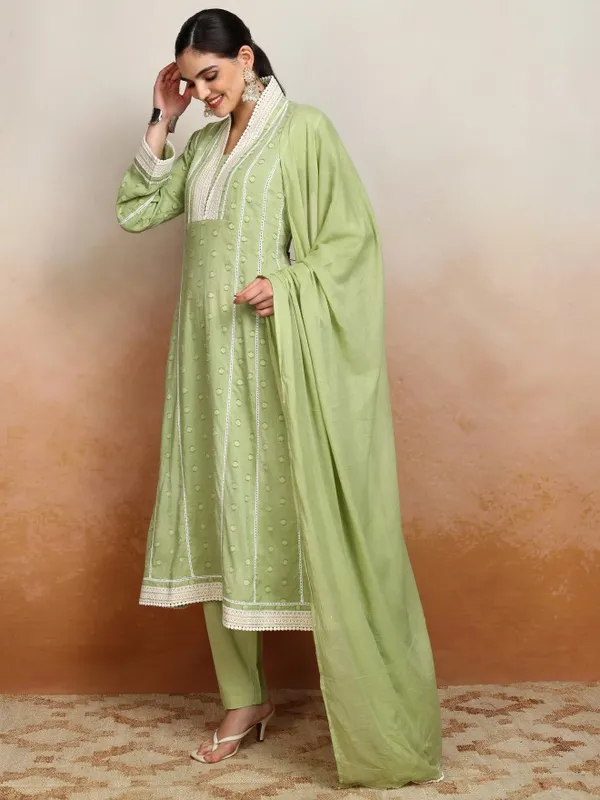 Vishudh Women Green Embroidered Kurta With Trousers And Dupatta