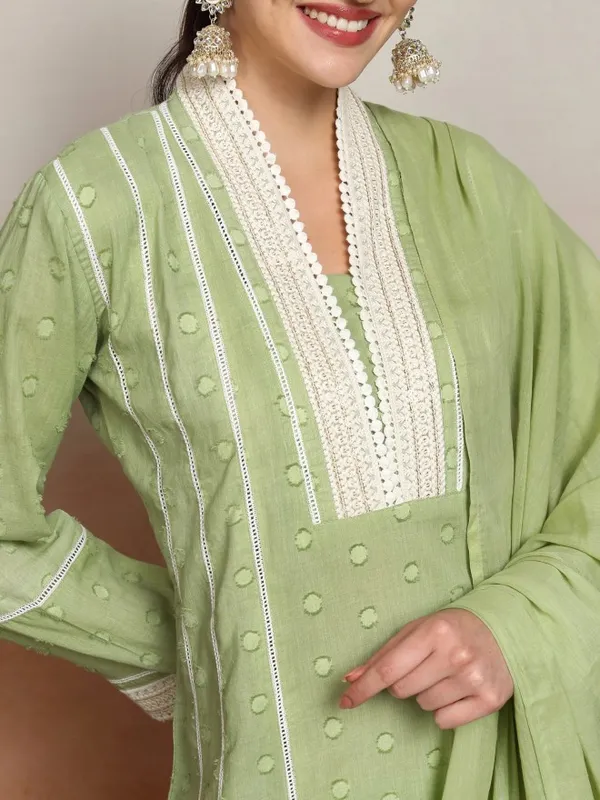 Vishudh Women Green Embroidered Kurta With Trousers And Dupatta