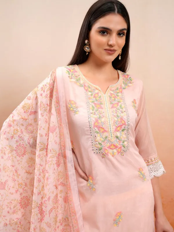 Vishudh Women Peach Embroidered Kurta With Trousers And Dupatta