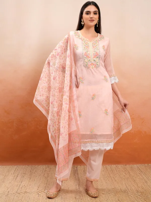 Vishudh Women Peach Embroidered Kurta With Trousers And Dupatta