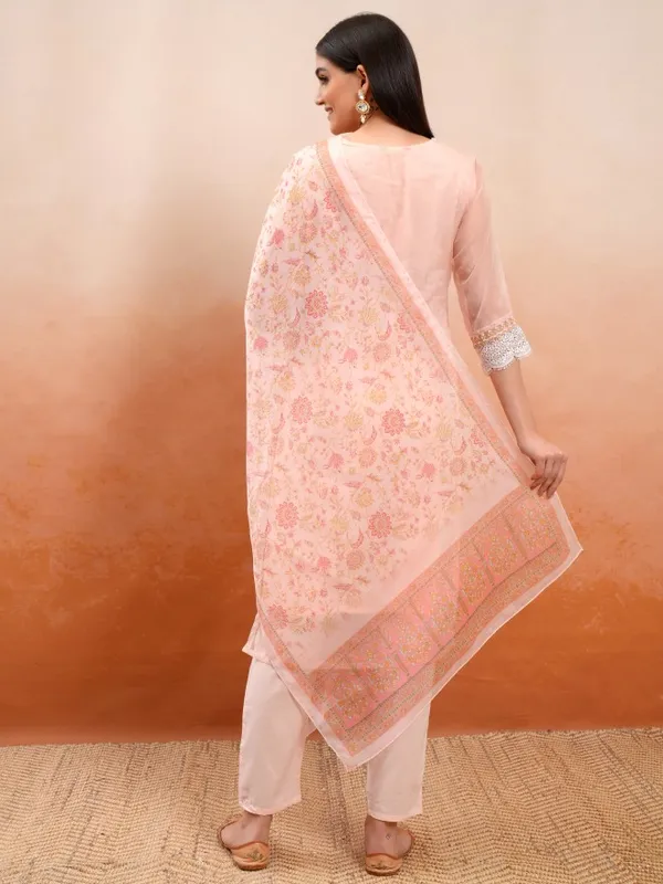 Vishudh Women Peach Embroidered Kurta With Trousers And Dupatta