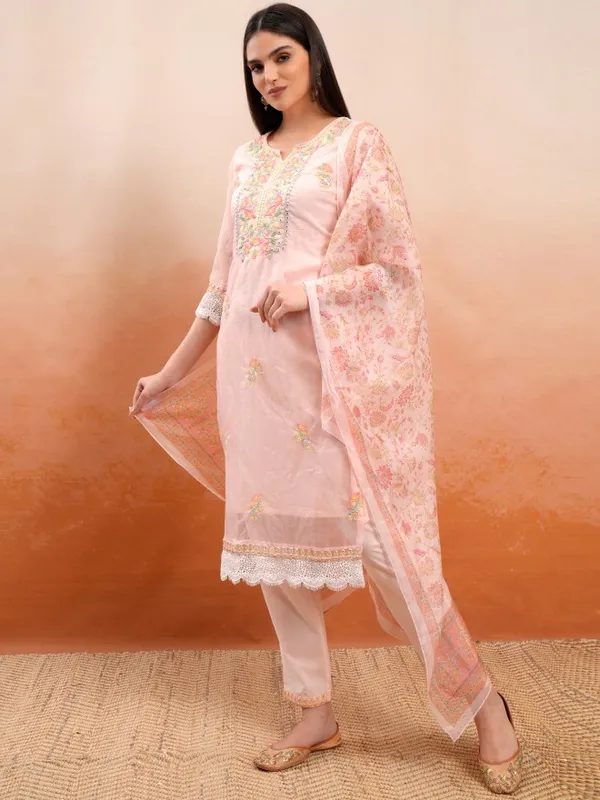 Vishudh Women Peach Embroidered Kurta With Trousers And Dupatta