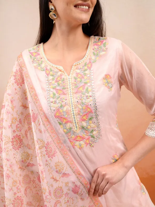 Vishudh Women Peach Embroidered Kurta With Trousers And Dupatta