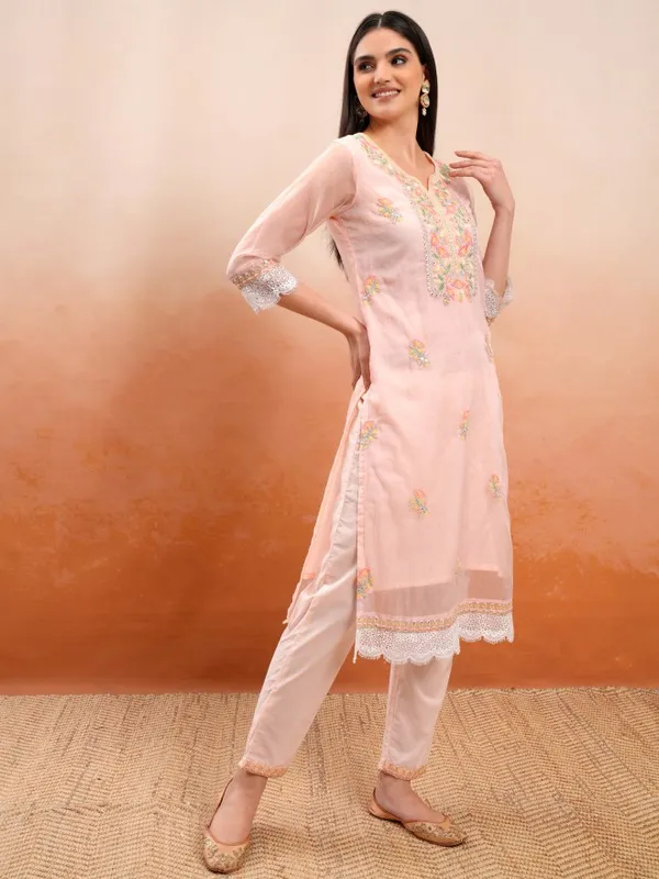Vishudh Women Peach Embroidered Kurta With Trousers And Dupatta