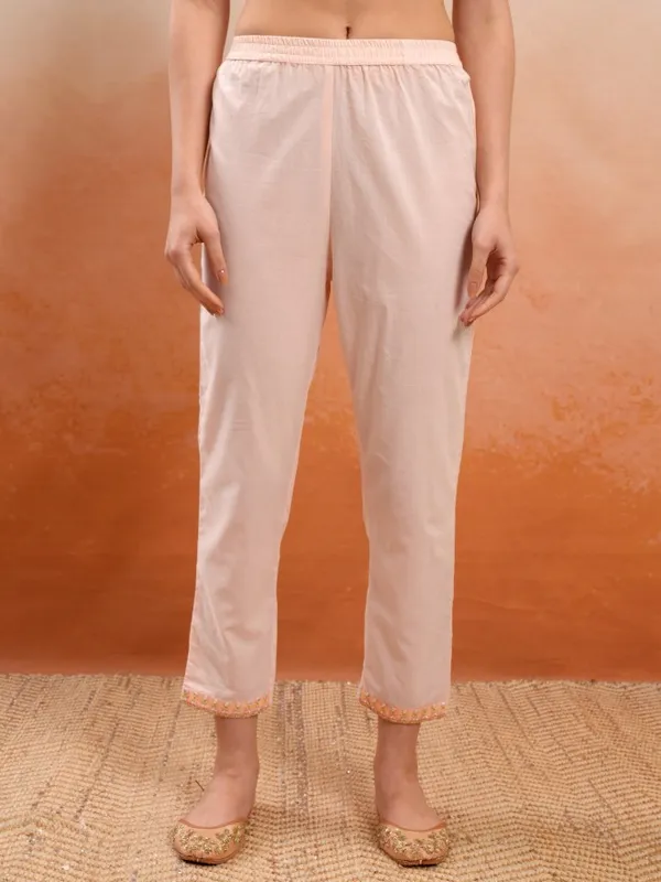 Vishudh Women Peach Embroidered Kurta With Trousers And Dupatta
