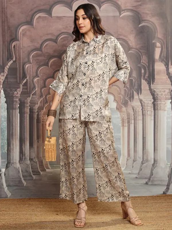 Vishudh Women Beige Shirt With Trousers Co-Ords