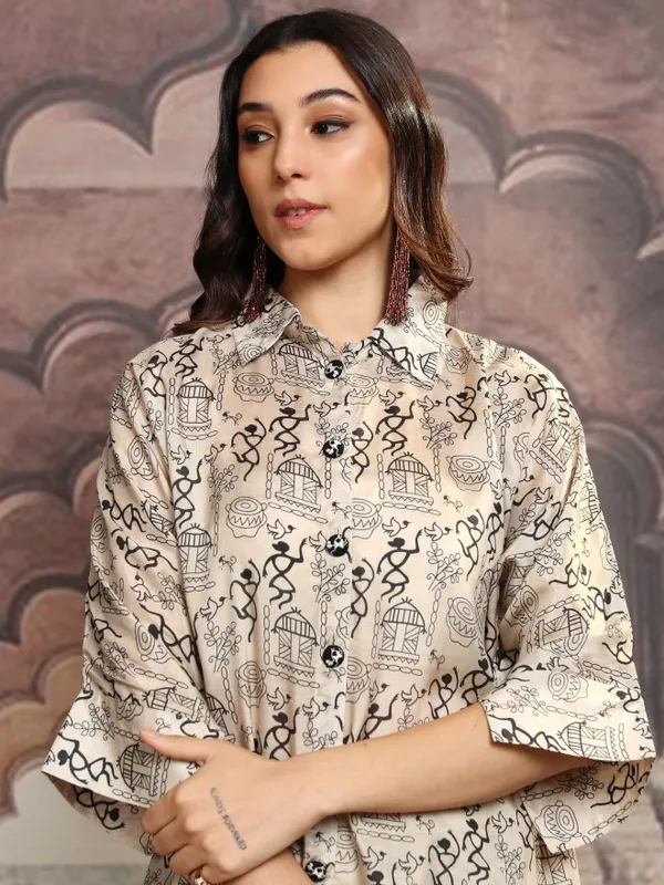 Vishudh Women Beige Shirt With Trousers Co-Ords