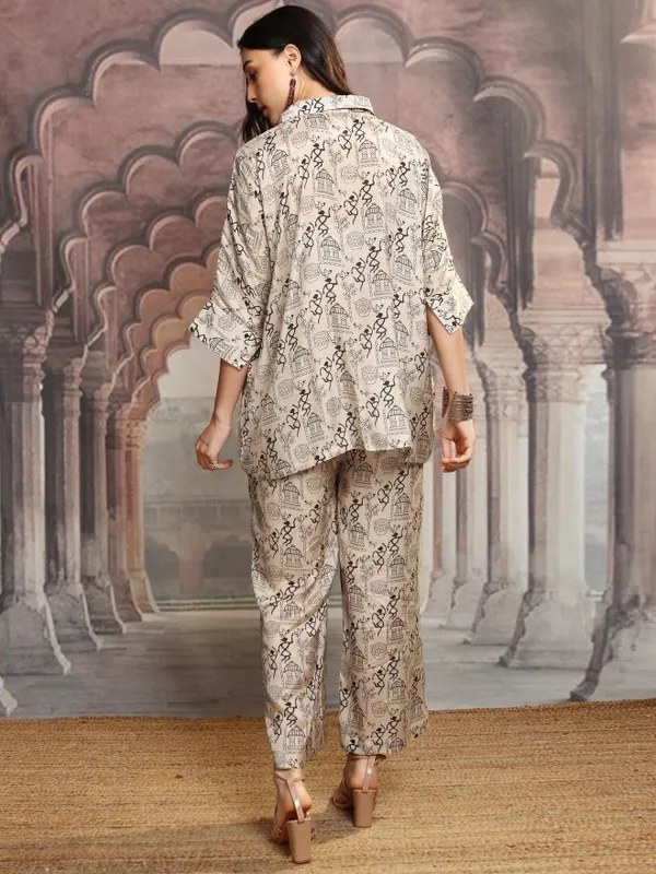 Vishudh Women Beige Shirt With Trousers Co-Ords