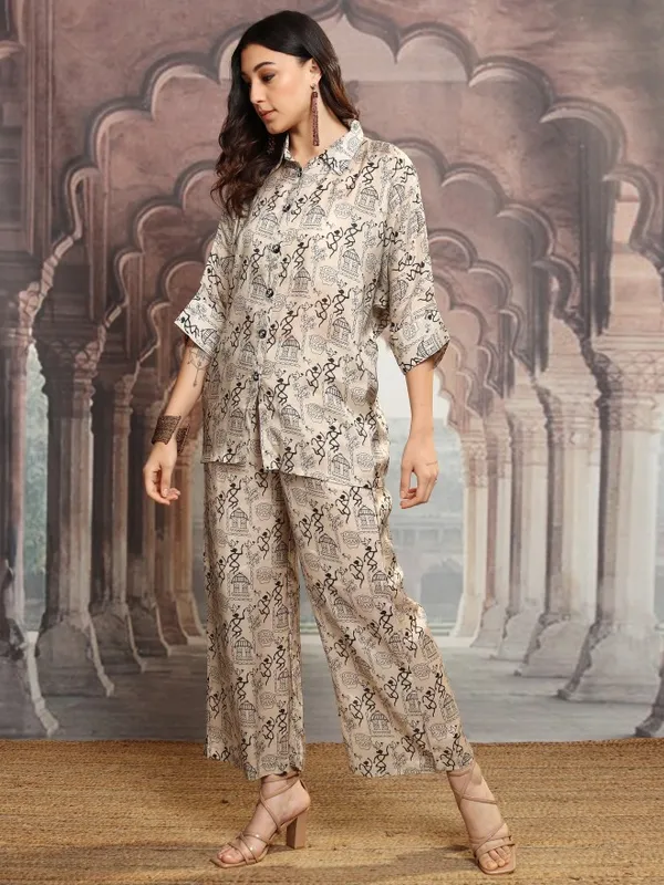 Vishudh Women Beige Shirt With Trousers Co-Ords