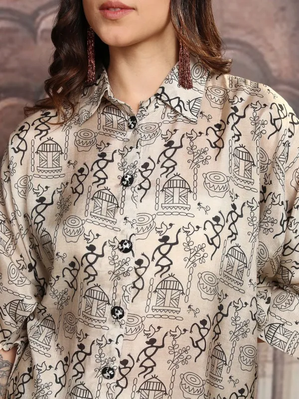 Vishudh Women Beige Shirt With Trousers Co-Ords