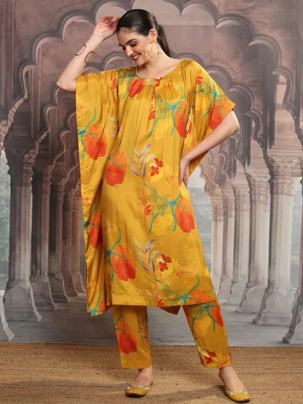 Vishudh Women Mustard Printed Kurta With Trousers