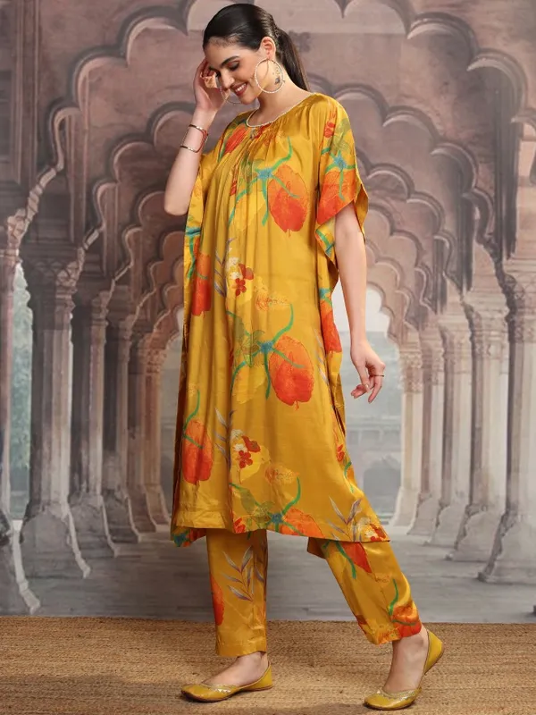 Vishudh Women Mustard Printed Kurta With Trousers