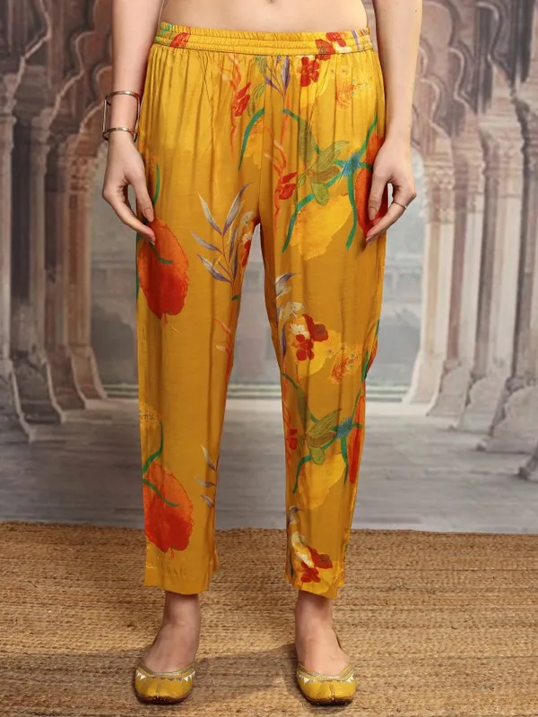 Vishudh Women Mustard Printed Kurta With Trousers