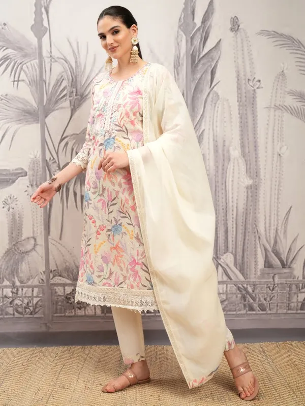 Vishudh Women Beige Printed Kurta With Trousers And Dupatta