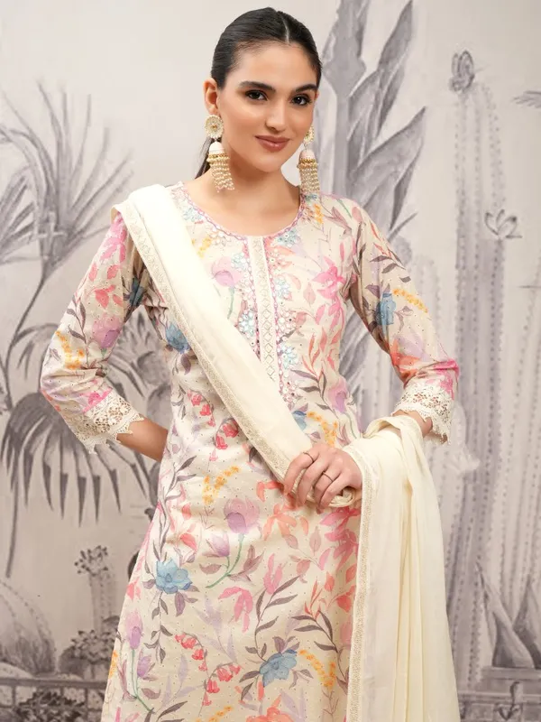 Vishudh Women Beige Printed Kurta With Trousers And Dupatta