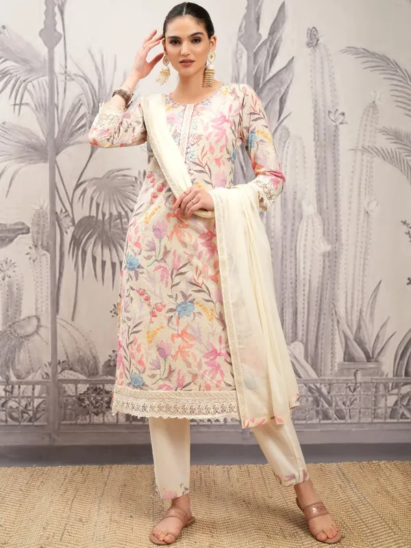 Vishudh Women Beige Printed Kurta With Trousers And Dupatta