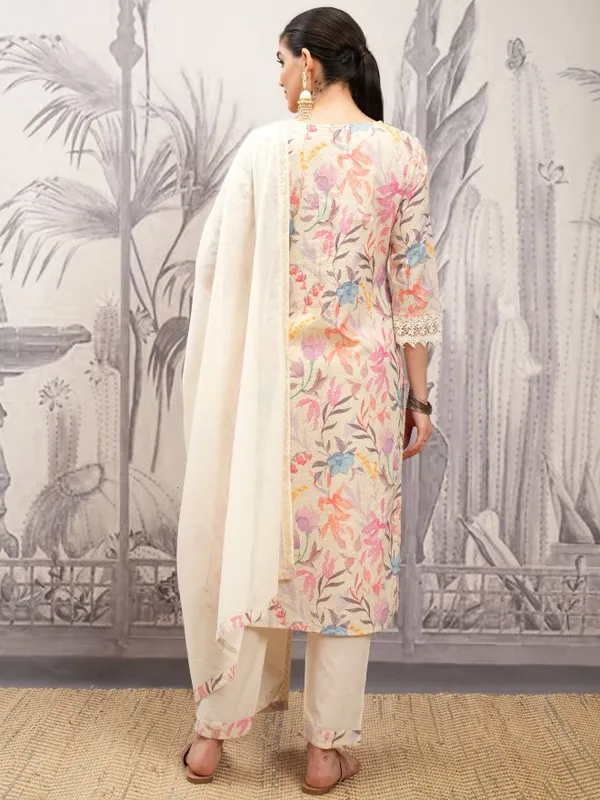 Vishudh Women Beige Printed Kurta With Trousers And Dupatta
