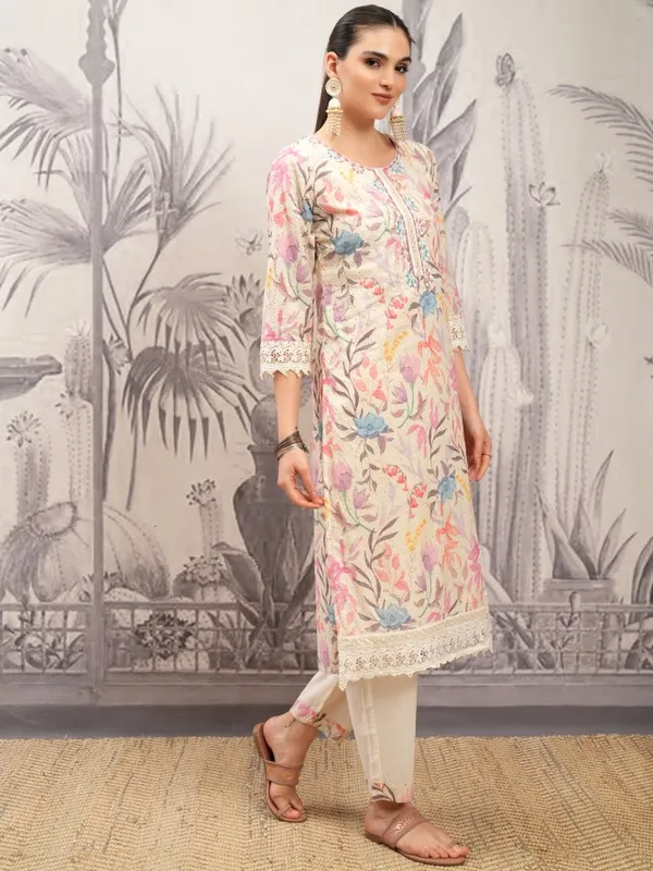 Vishudh Women Beige Printed Kurta With Trousers And Dupatta