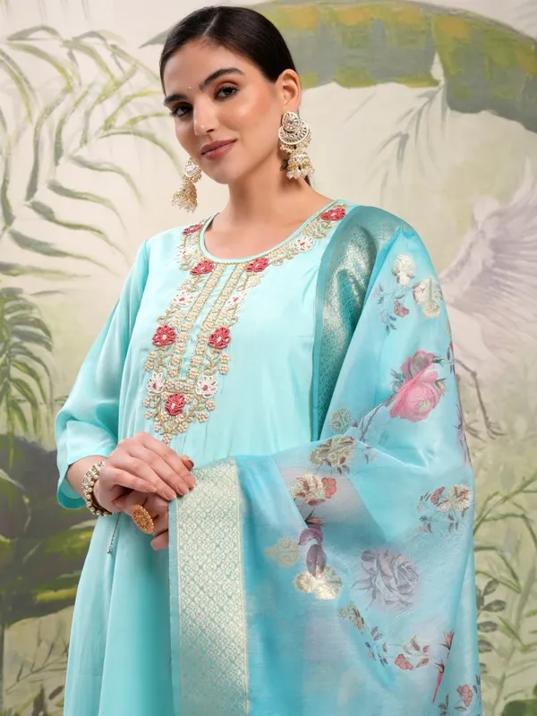Vishudh Women Blue Embroidered Kurta With Trouser And Dupatta