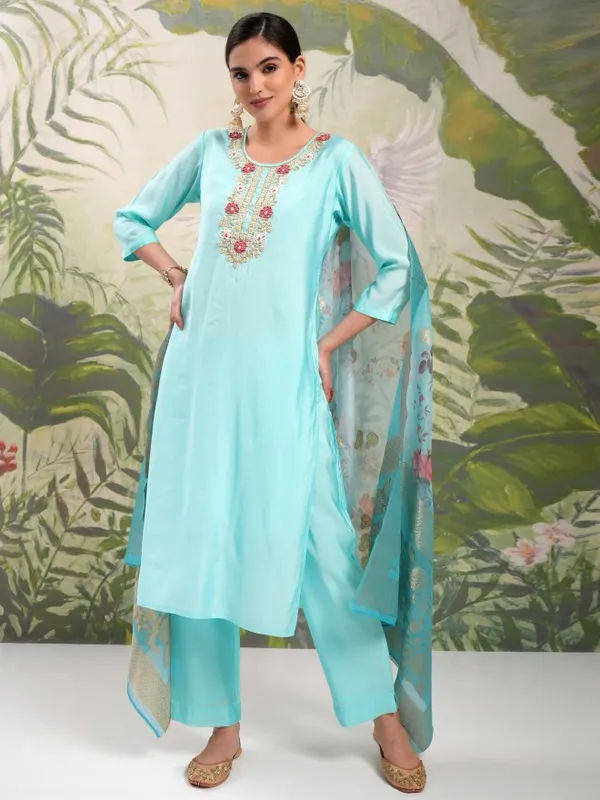 Vishudh Women Blue Embroidered Kurta With Trouser And Dupatta