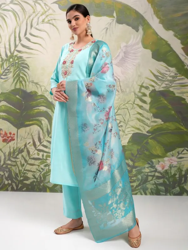 Vishudh Women Blue Embroidered Kurta With Trouser And Dupatta