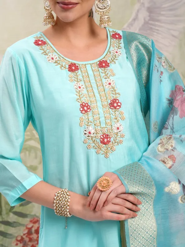Vishudh Women Blue Embroidered Kurta With Trouser And Dupatta