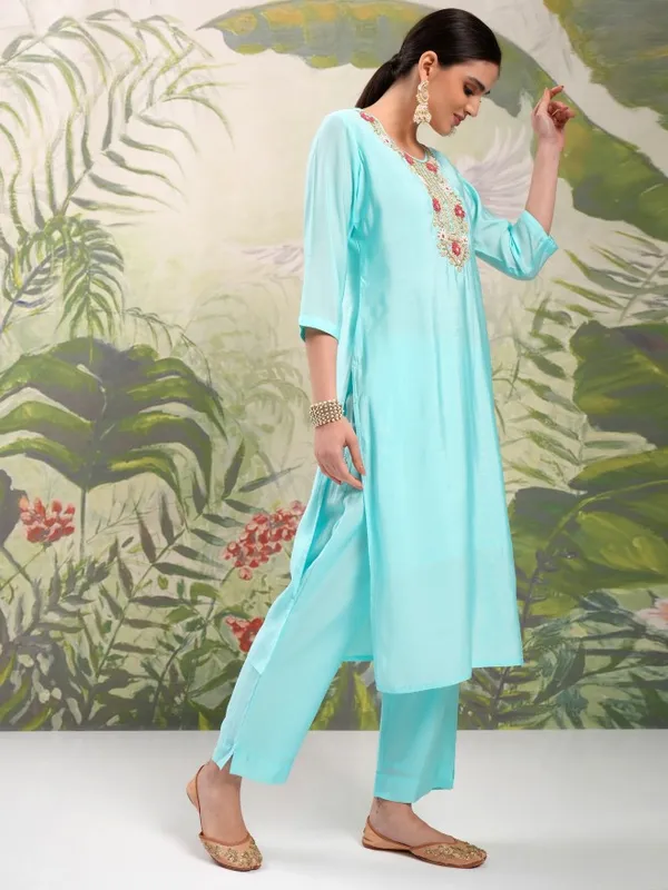 Vishudh Women Blue Embroidered Kurta With Trouser And Dupatta
