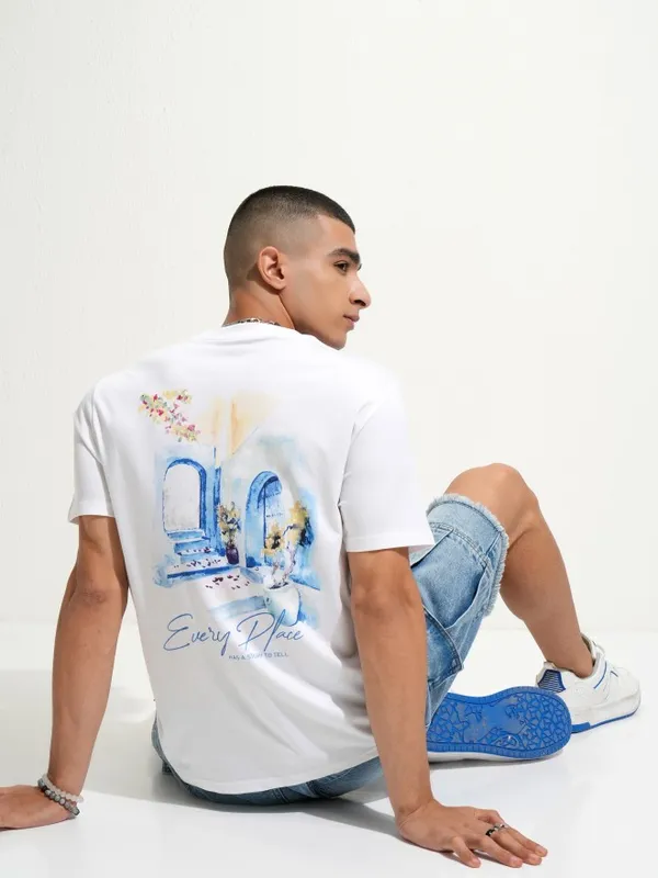 Highlander Men White Printed Round Neck T-Shirt