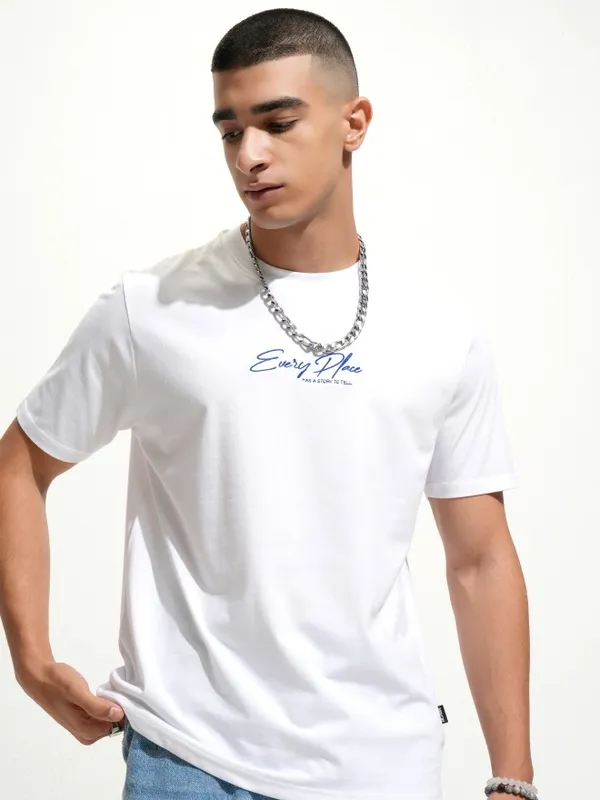 Highlander Men White Printed Round Neck T-Shirt