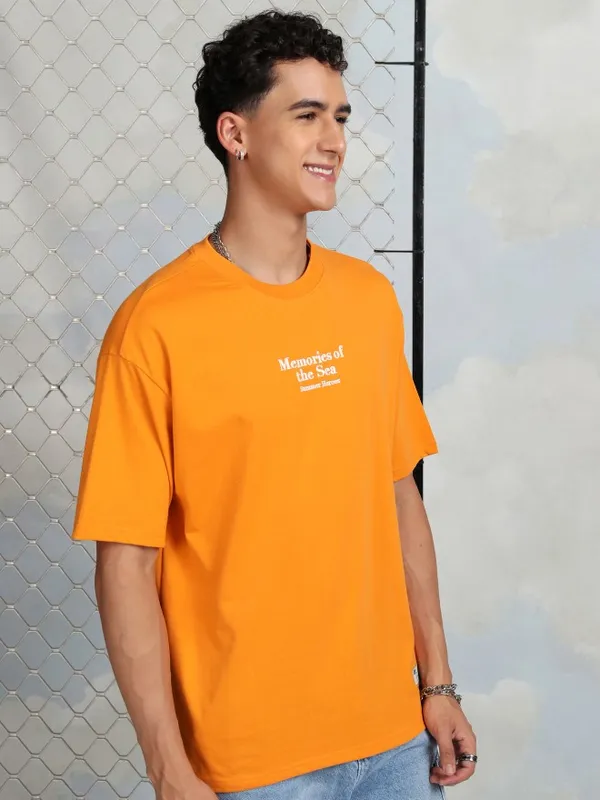 Highlander Men Orange Printed Round Neck T-Shirt
