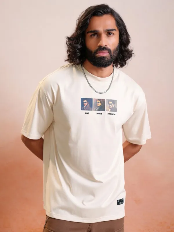 Locomotive Premium Cream Round Neck Half Sleeve Relaxed Drop Shoulder T-Shirt
