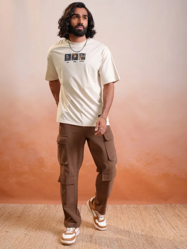 Locomotive Premium Cream Round Neck Half Sleeve Relaxed Drop Shoulder T-Shirt
