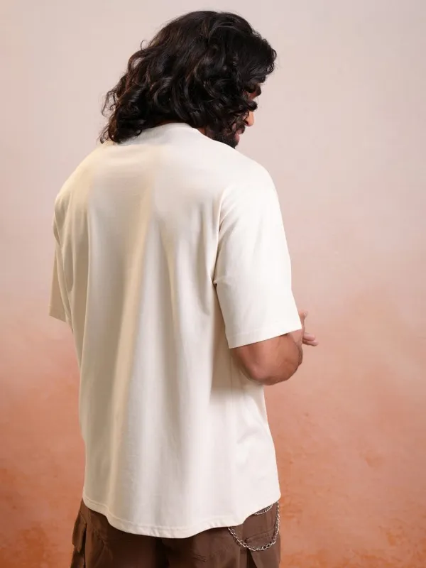 Locomotive Premium Cream Round Neck Half Sleeve Relaxed Drop Shoulder T-Shirt