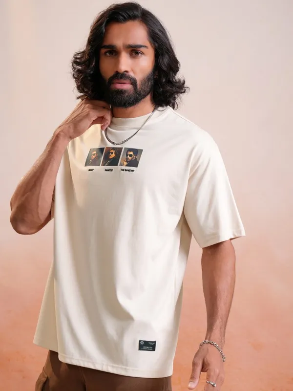 Locomotive Premium Cream Round Neck Half Sleeve Relaxed Drop Shoulder T-Shirt