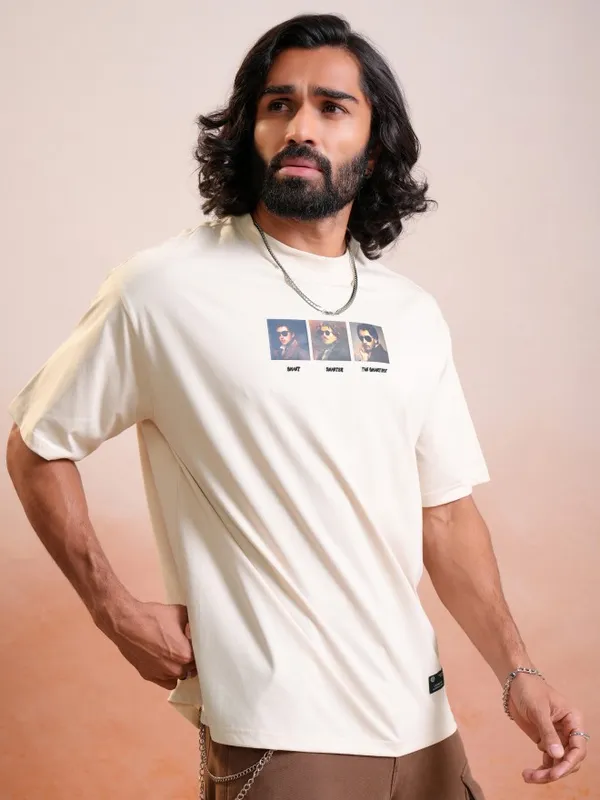 Locomotive Premium Cream Round Neck Half Sleeve Relaxed Drop Shoulder T-Shirt
