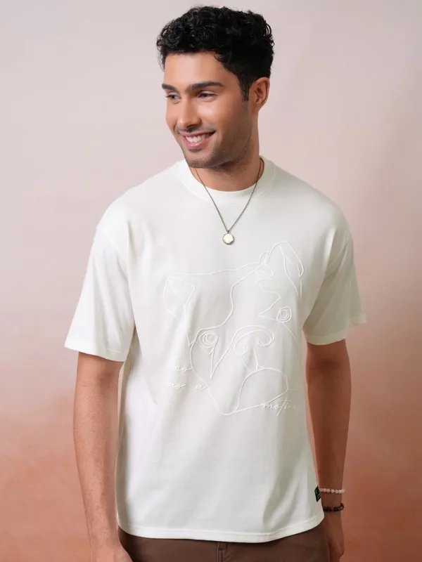 Locomotive Men Premium Off White Relaxed Fit Drop Shoulder Round Neck Half Sleeve T-Shirt