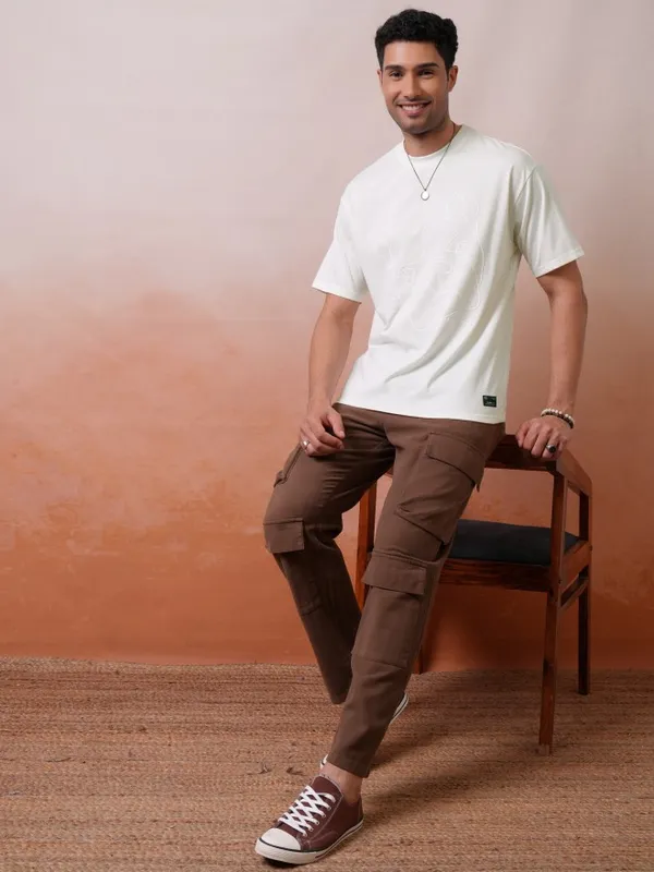 Locomotive Men Premium Off White Relaxed Fit Drop Shoulder Round Neck Half Sleeve T-Shirt