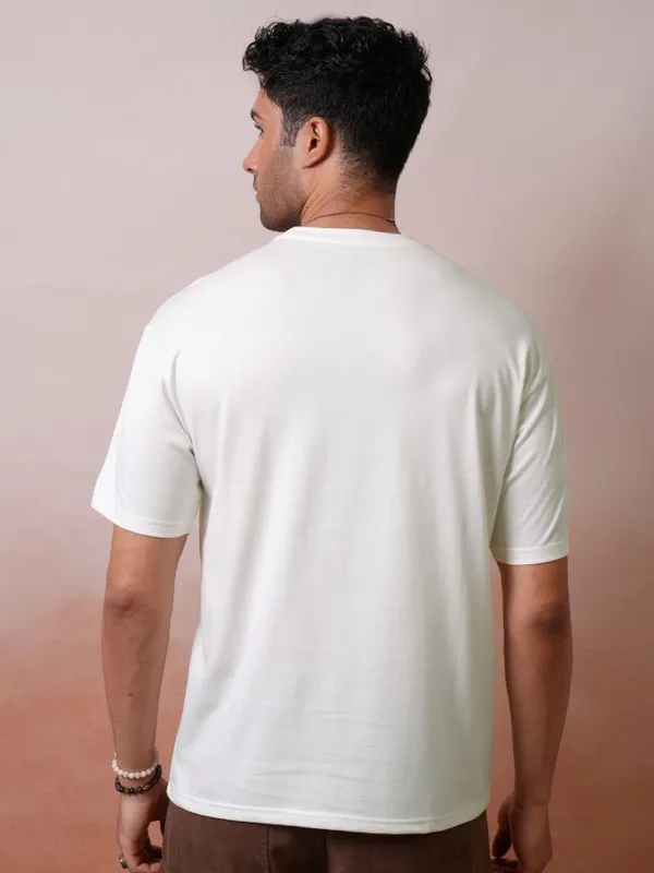 Locomotive Men Premium Off White Relaxed Fit Drop Shoulder Round Neck Half Sleeve T-Shirt