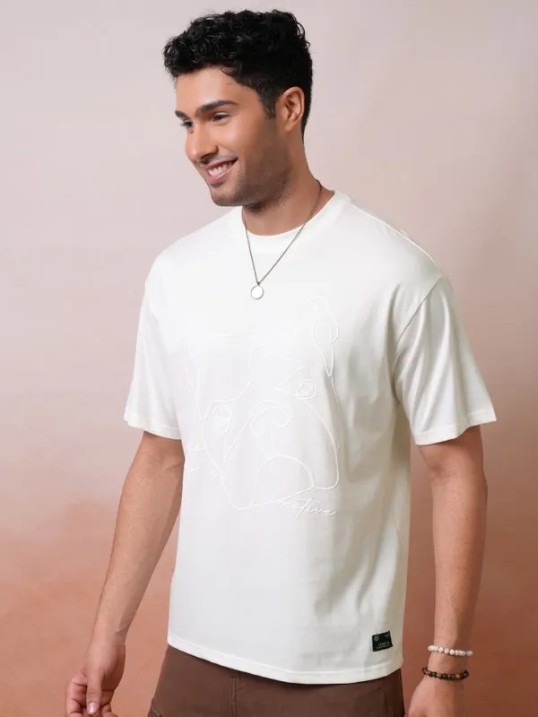Locomotive Men Premium Off White Relaxed Fit Drop Shoulder Round Neck Half Sleeve T-Shirt