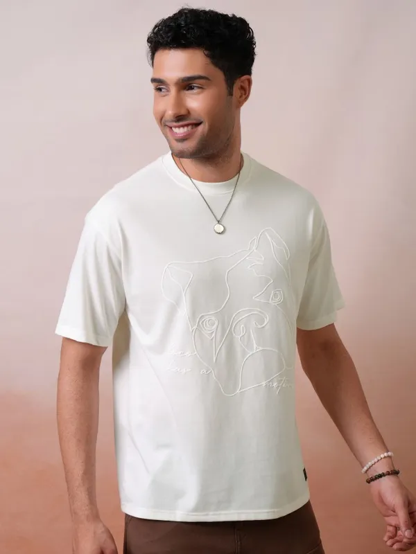 Locomotive Men Premium Off White Relaxed Fit Drop Shoulder Round Neck Half Sleeve T-Shirt