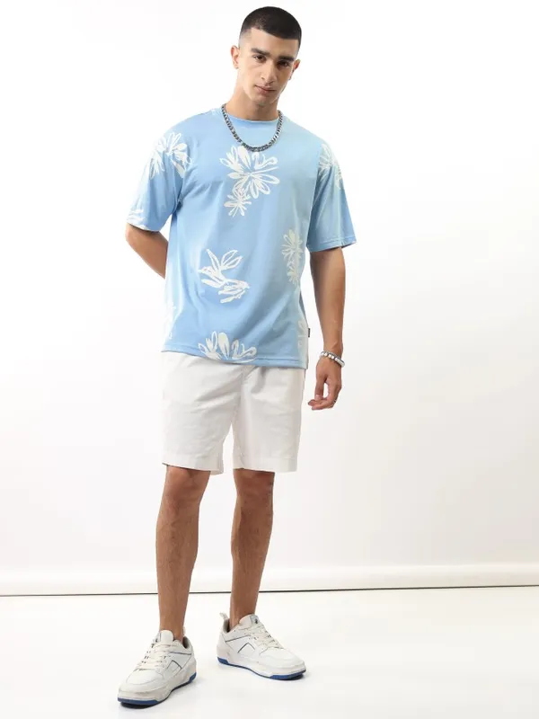 Highlander Men Blue Printed Round Neck Relaxed Fit T-Shirt