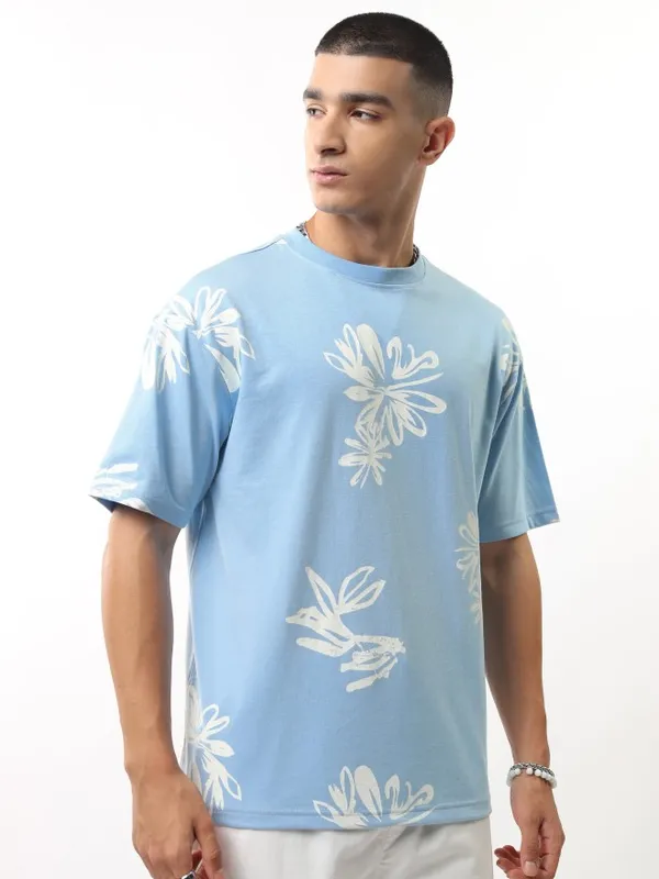 Highlander Men Blue Printed Round Neck Relaxed Fit T-Shirt